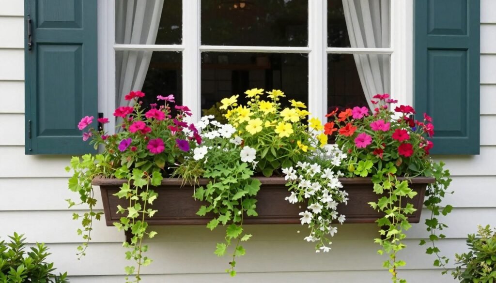 Colorful window boxes filled with seasonal flowers and trailing plants on a cottage-style home Colorful window boxes filled with seasonal flowers and trailing plants on a cottage-style home