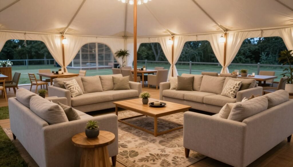 Comfortable lounge area with sofas and low tables in a party tent