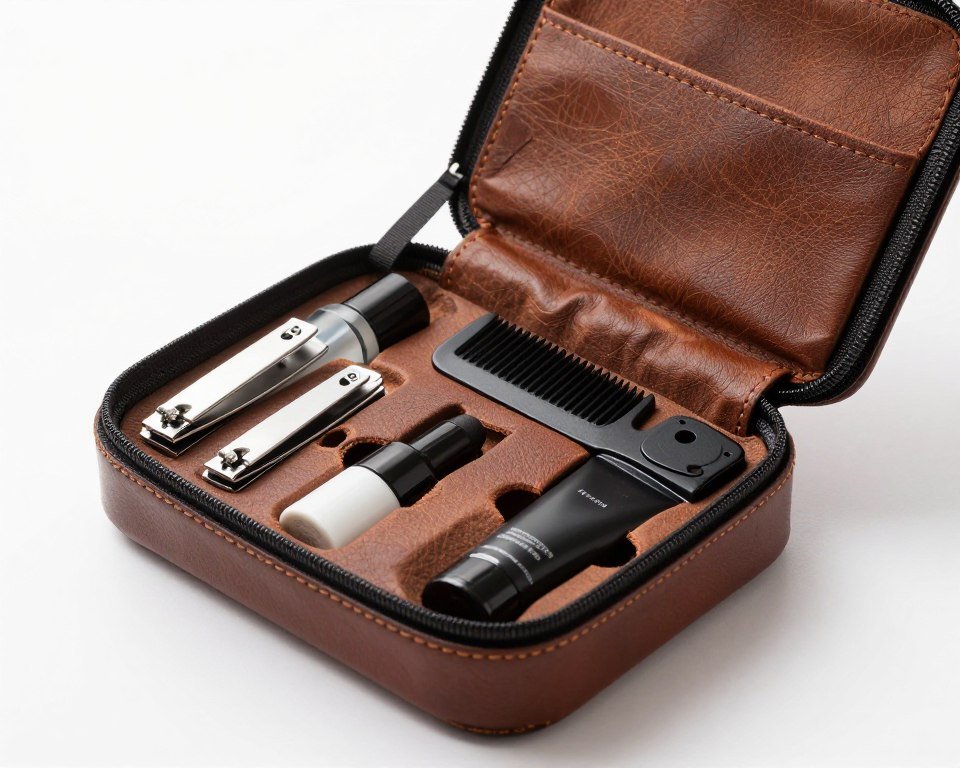 Compact grooming kit for groomsmen in leather case