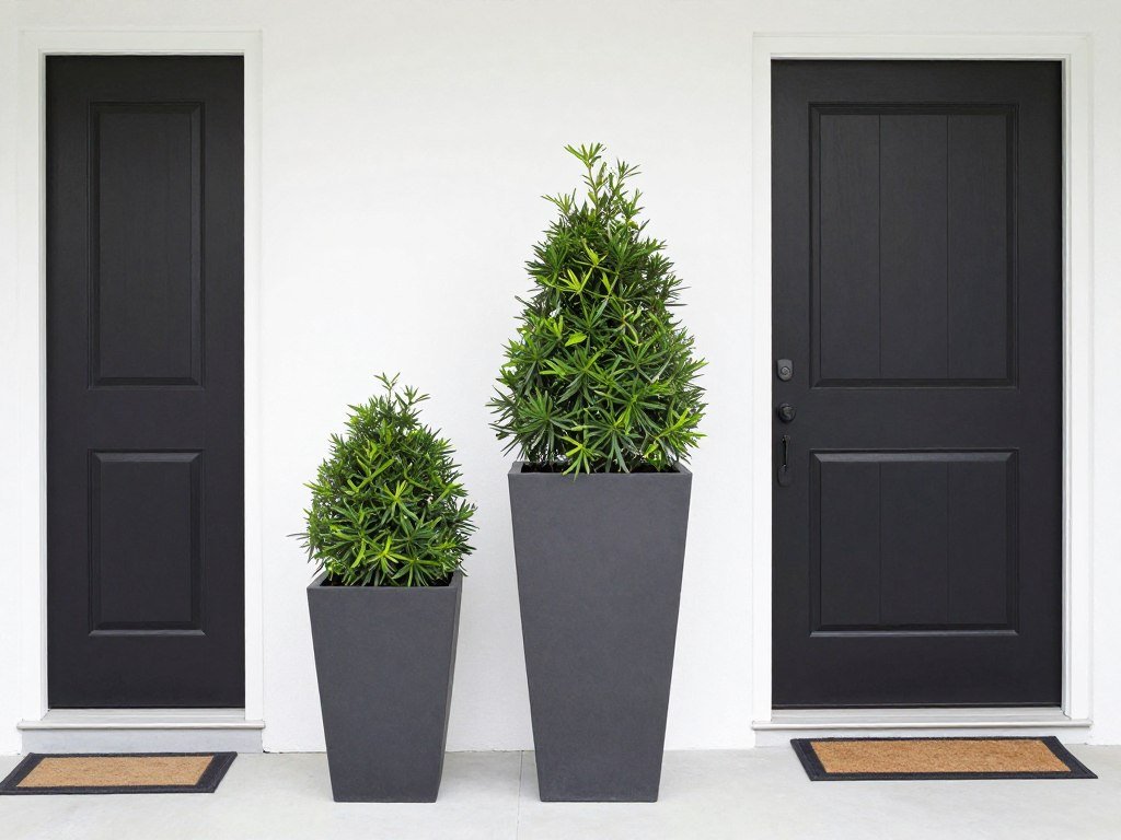 Comparison of different sized tall planters beside front doors showing proper proportional relationships Comparison of different sized tall planters beside front doors showing proper proportional relationships