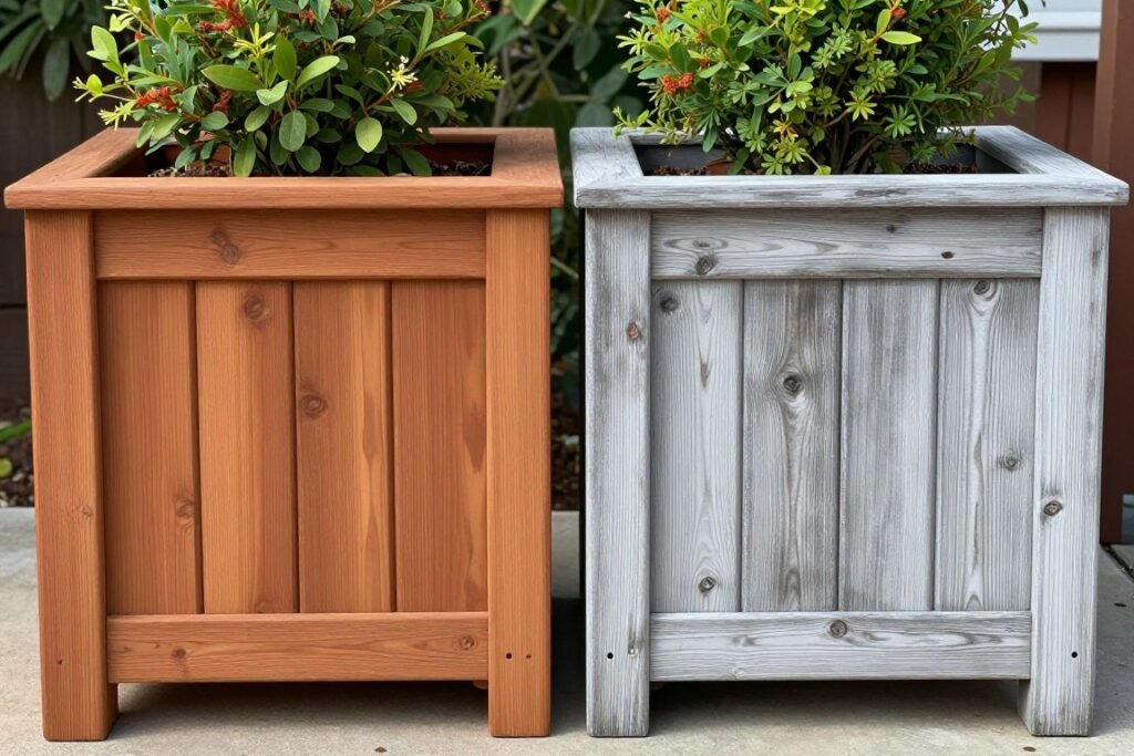 Comparison of new cedar color versus weathered silver-gray patina Comparison of new cedar color versus weathered silver-gray patina