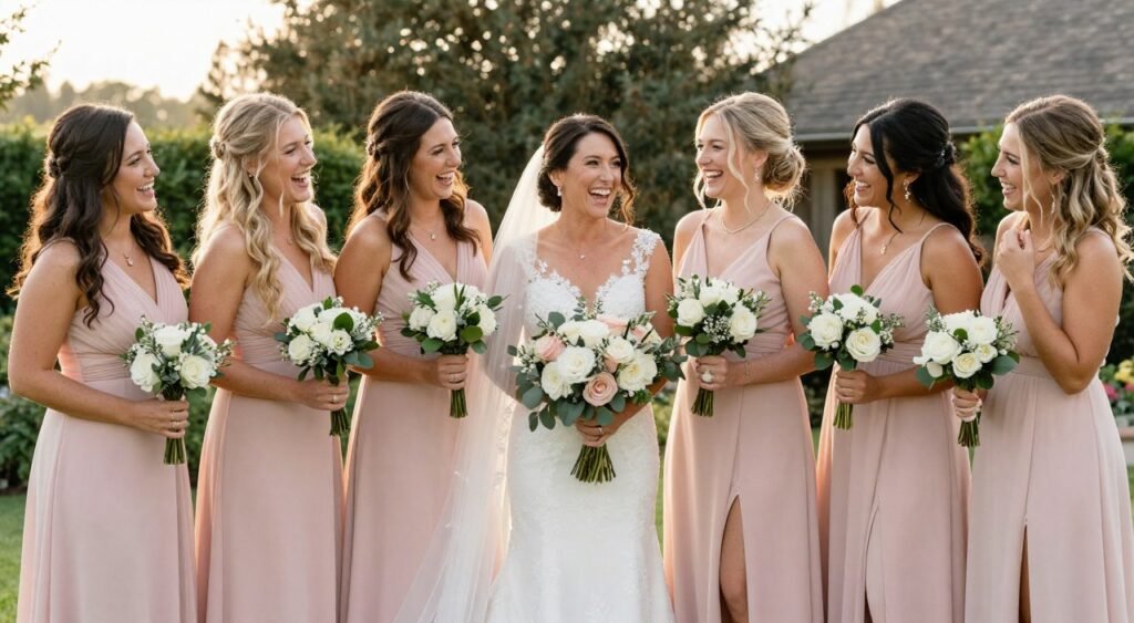Complete bridal party in blush pink dresses celebrating together