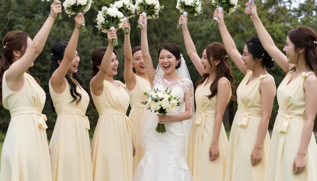 Complete bridal party in butter yellow dresses celebrating together at wedding