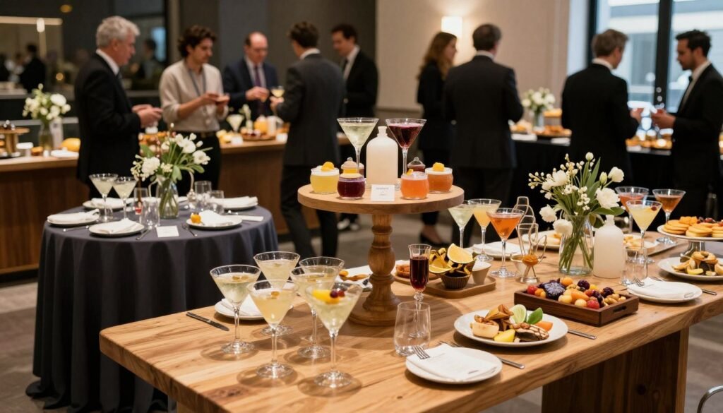 Complete cocktail hour setup showing multiple decorated tables creating a cohesive atmosphere