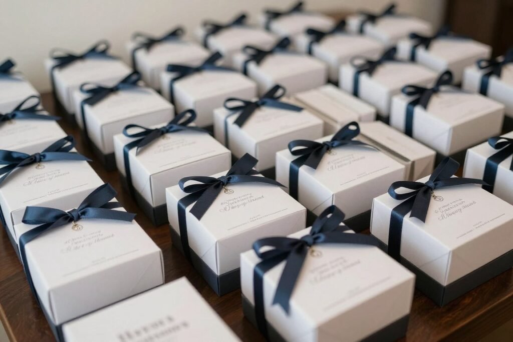 Complete collection of groomsmen gift boxes ready for presentation
