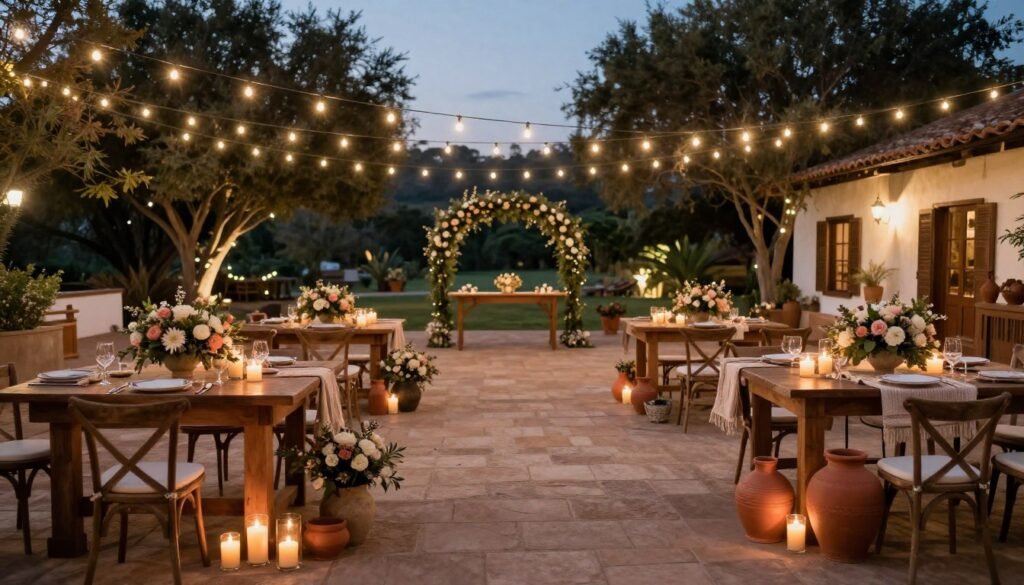 Complete hacienda wedding setup with all decor elements creating a magical atmosphere Complete hacienda wedding setup with all decor elements creating a magical atmosphere