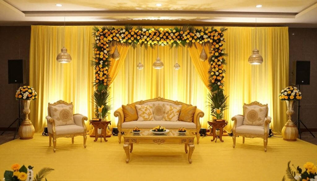 Complete haldi ceremony setup with decorations and seating