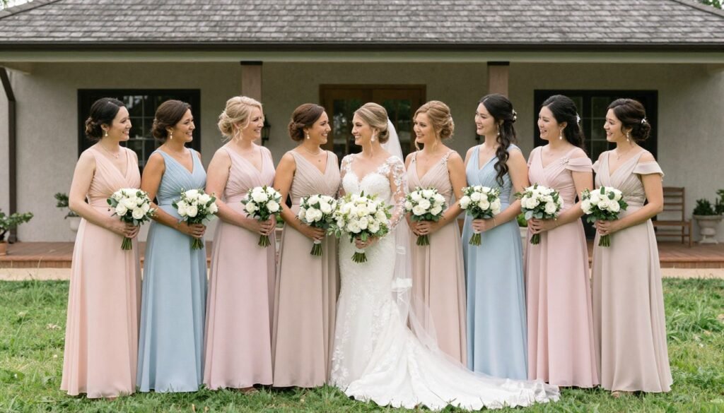 Complete spring bridal party coordinated bridesmaid dresses