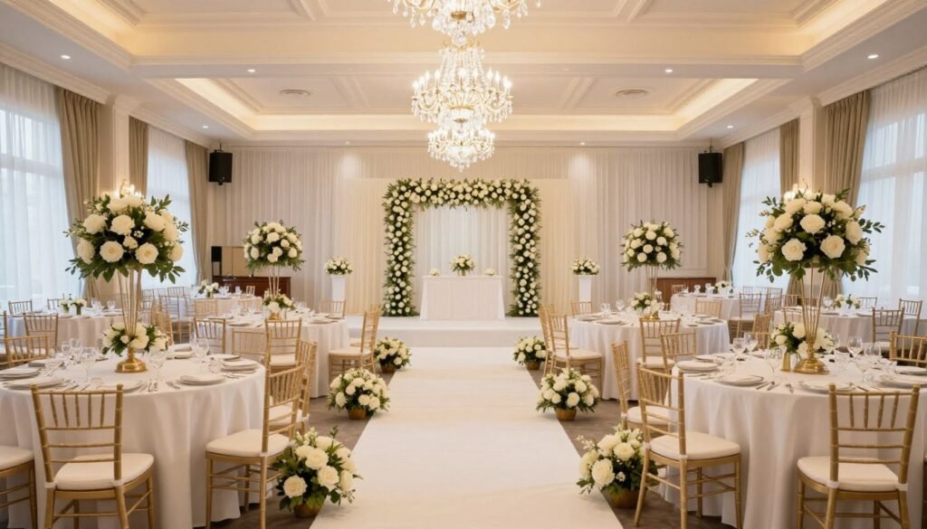 Complete wedding venue decorated beautifully from ceremony to reception