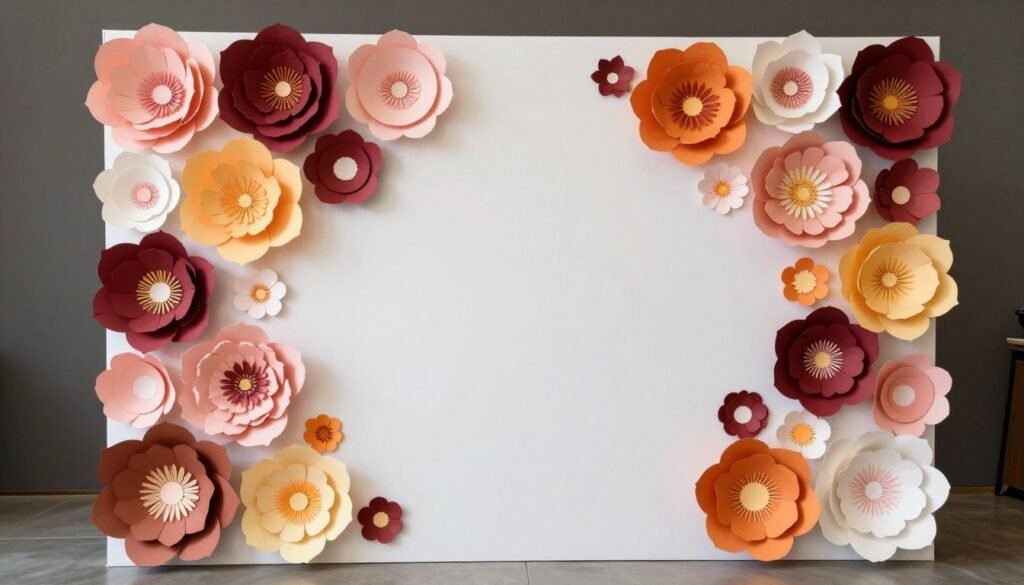 Completed DIY paper flower backdrop decoration showing the finished installation