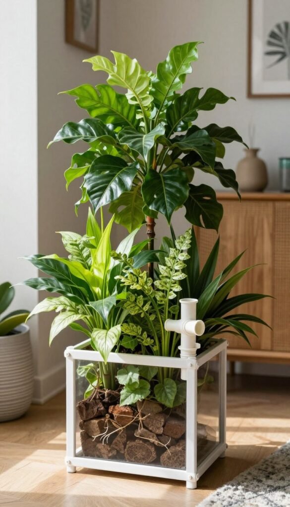 Completed DIY self watering planter with thriving plants, perfect for Pinterest sharing