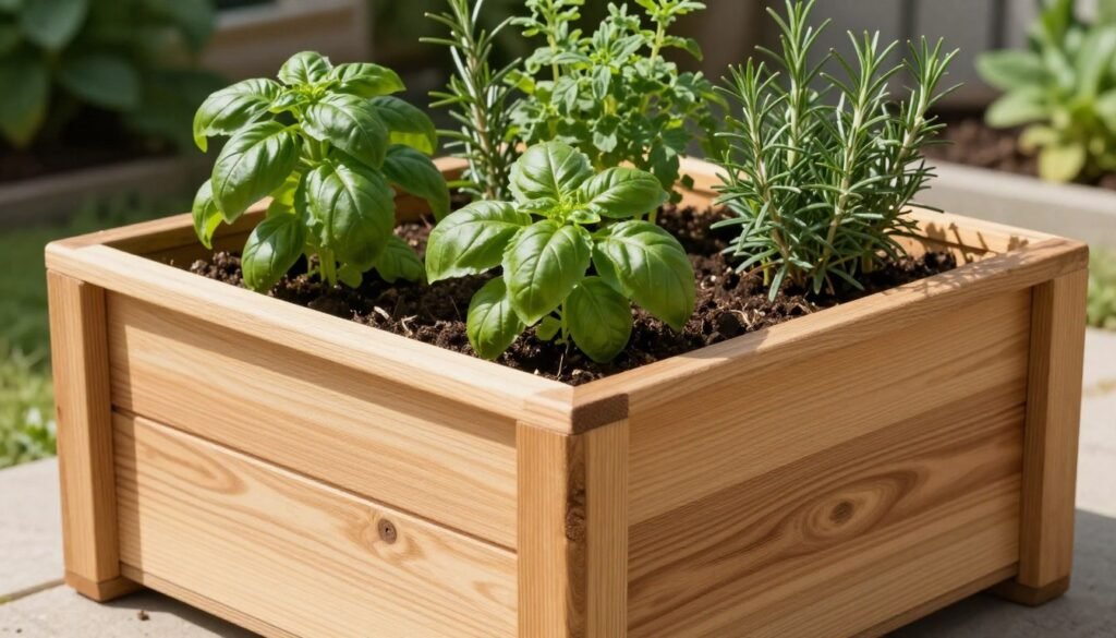 Completed DIY wooden planter box with herbs growing in a sunny garden location Completed DIY wooden planter box with herbs growing in a sunny garden location