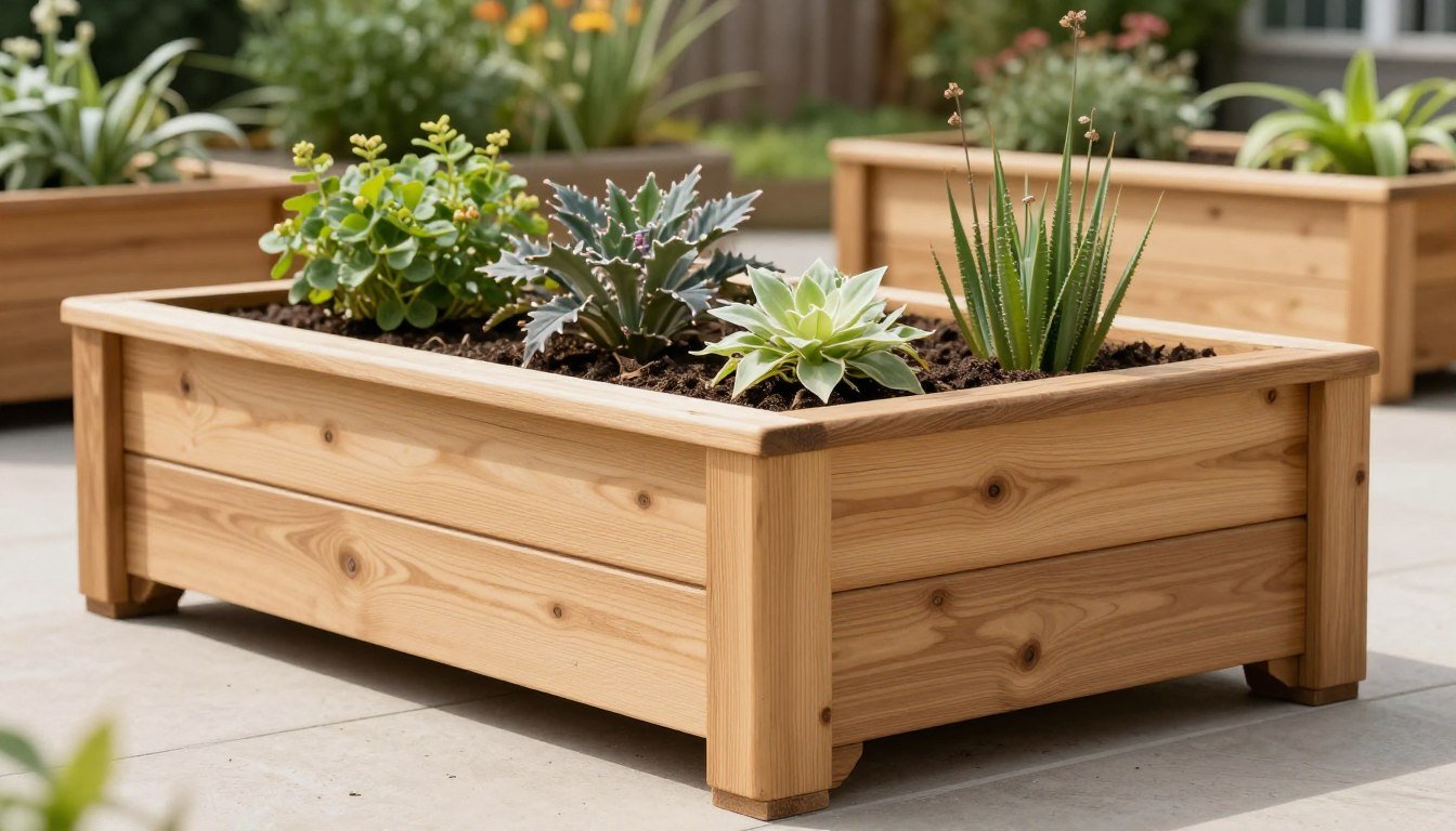 Completed DIY wooden planter boxes in a garden setting with plants growing inside