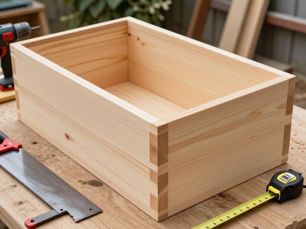 Completed simple wooden planter box with basic tools Completed simple wooden planter box with basic tools