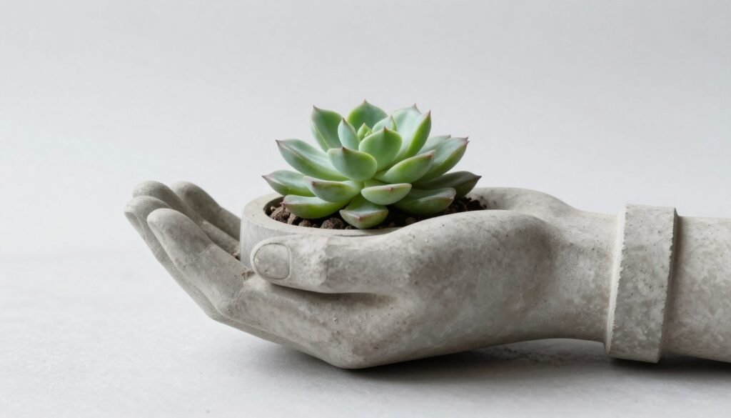 Concrete hand-shaped planter holding a small succulent
