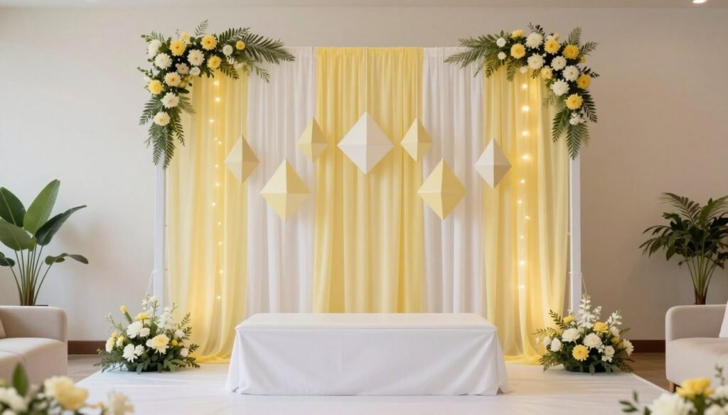 Contemporary haldi decoration with geometric elements and pastel colors