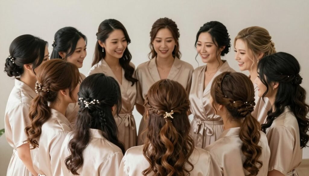 Coordinated bridal party showing unified yet individual hairstyles Coordinated bridal party showing unified yet individual hairstyles