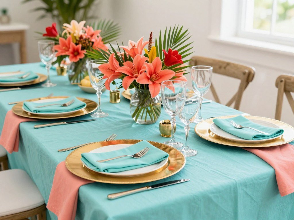Coral turquoise and gold bridal shower decorations showing vibrant palette