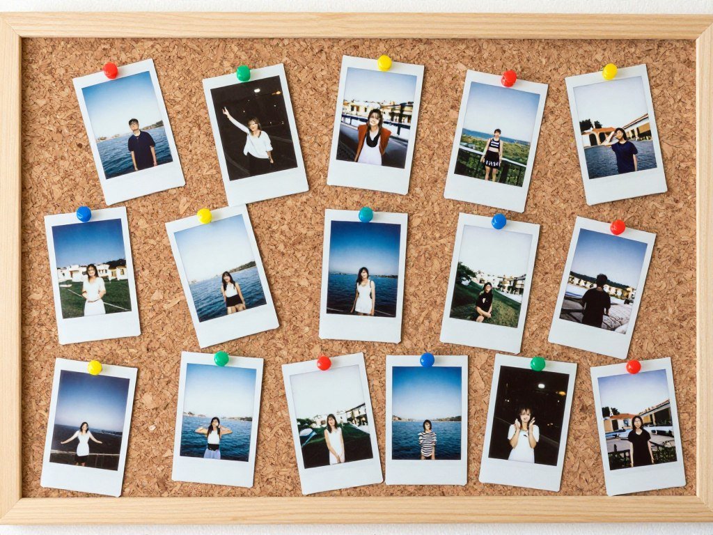 Cork board with arranged polaroid pictures and decorative pins Cork board with arranged polaroid pictures and decorative pins