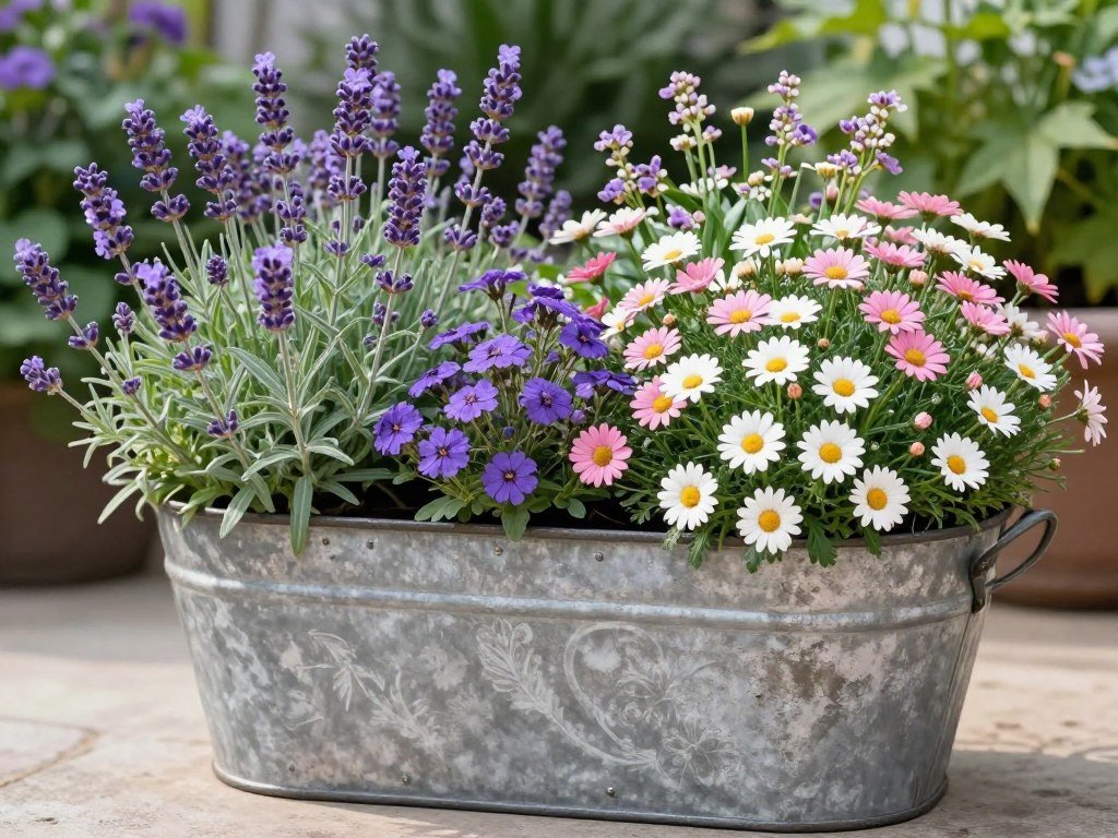 Cottage garden style galvanized tub with overflowing colorful flowers