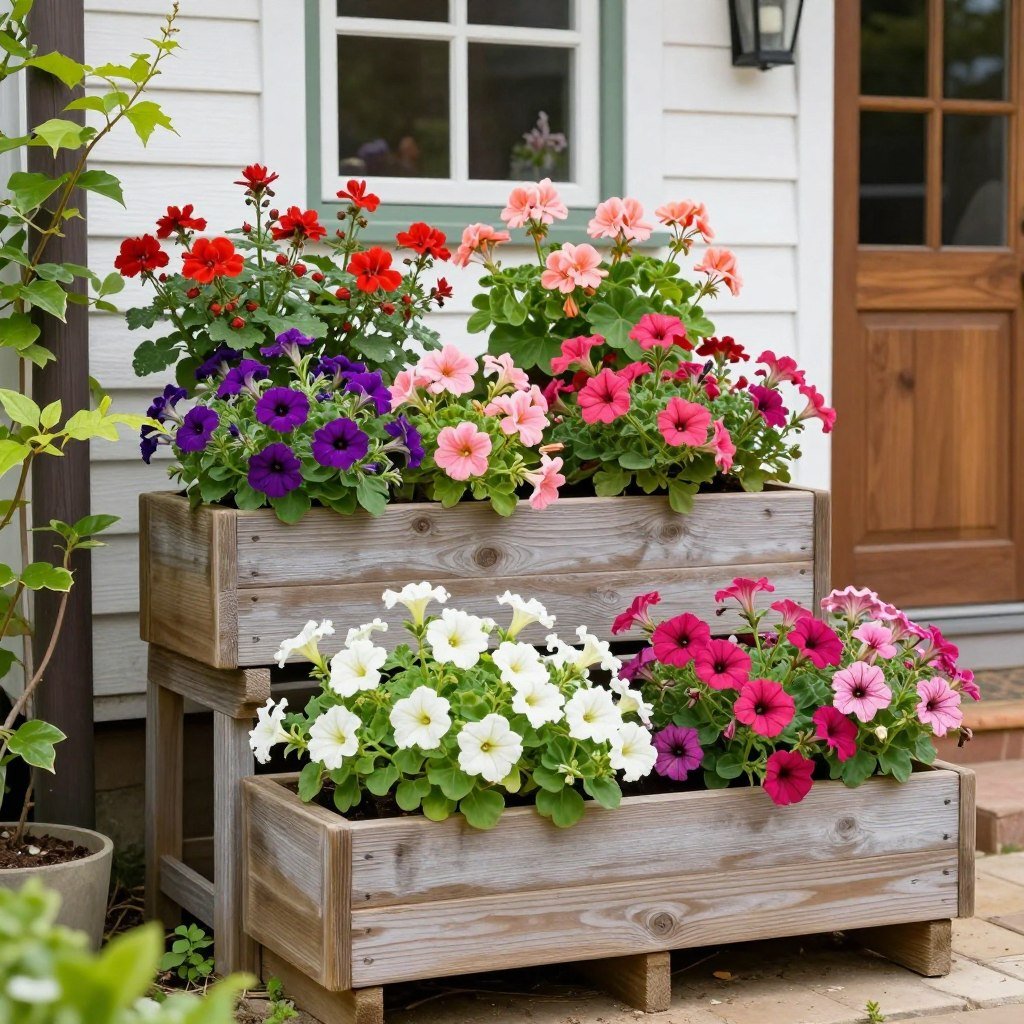 Cottage garden with tiered cedar planters full of flowers Cottage garden with tiered cedar planters full of flowers