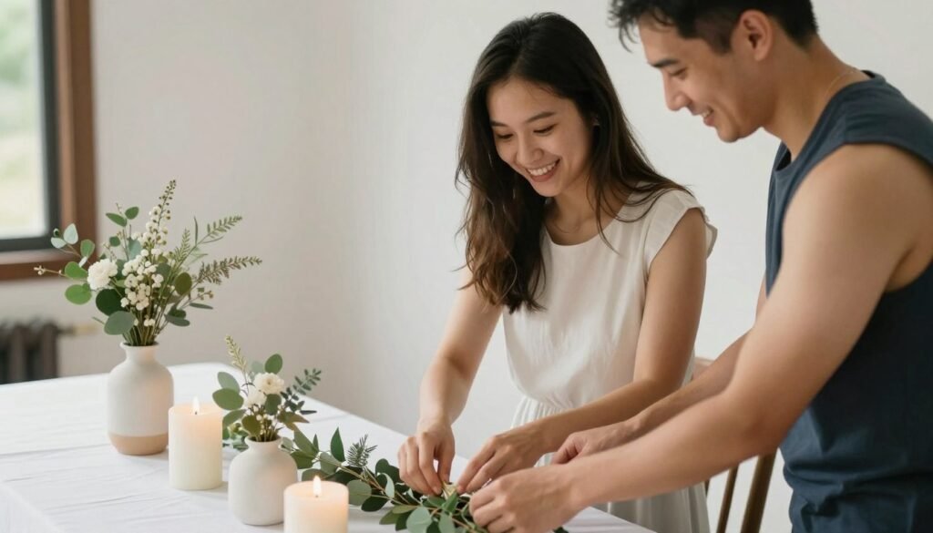 Couple arranging simple wedding decorations together Couple arranging simple wedding decorations together