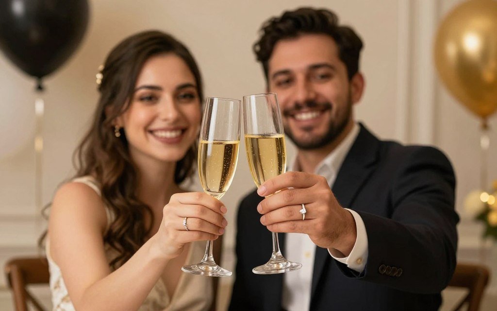 Couple celebrating engagement with champagne toast