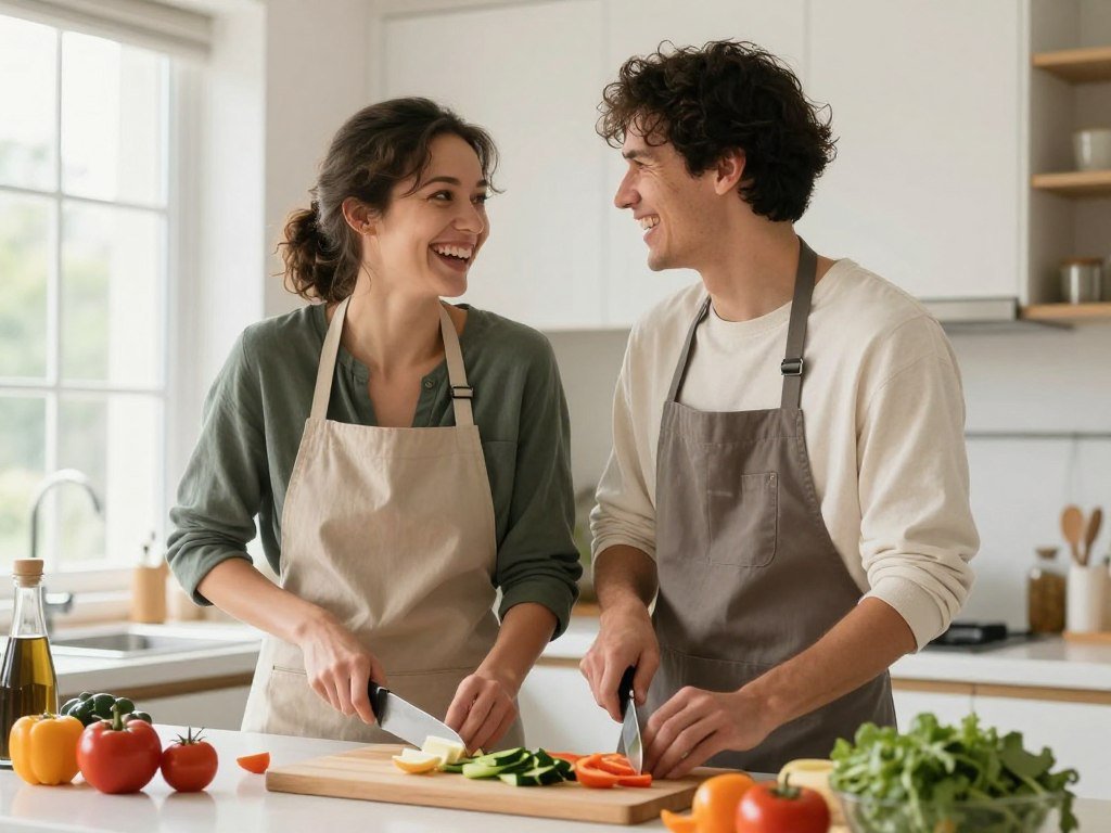 Couple cooking together in modern kitchen laughing and preparing romantic meal