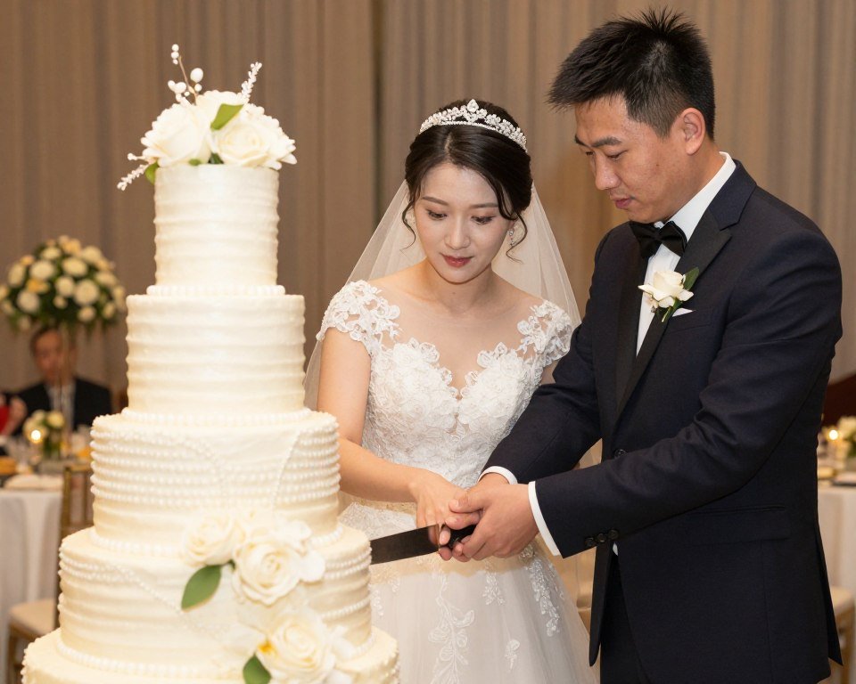 Couple cutting wedding cake together with hands overlapped
