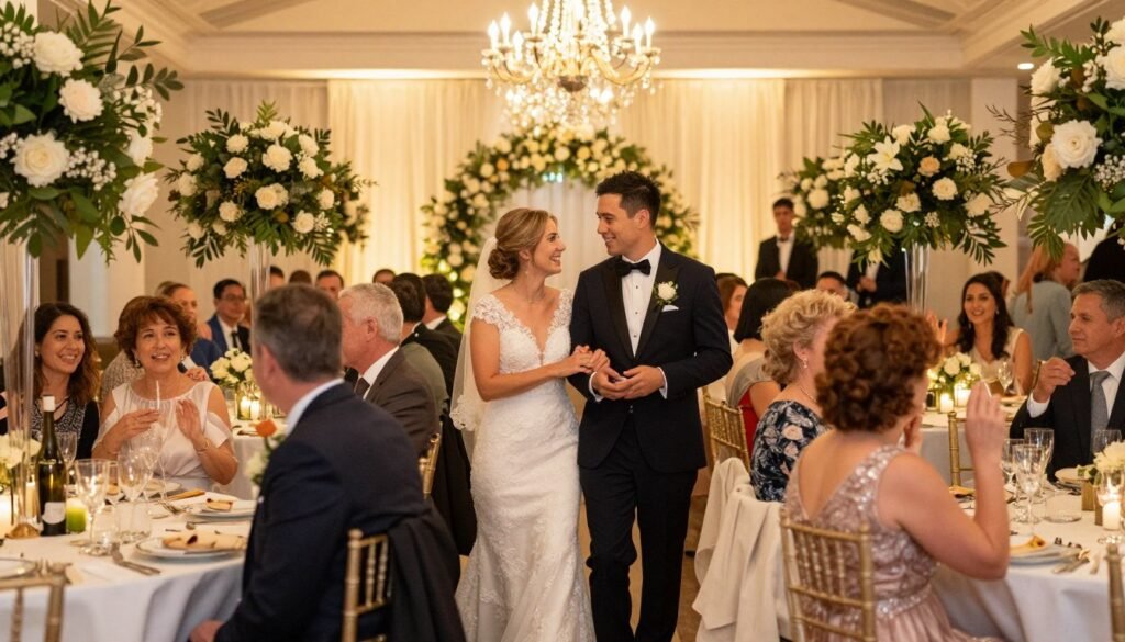 Couple enjoying their beautifully decorated wedding reception surrounded by friends and family