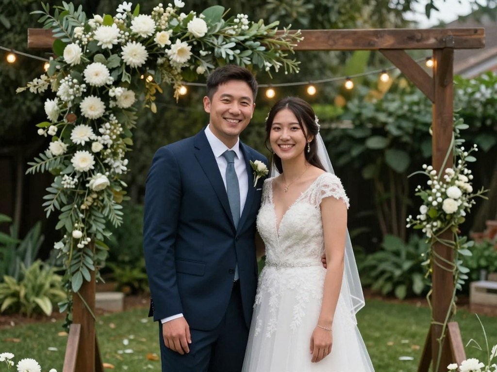 Couple enjoying their intimate backyard wedding celebration