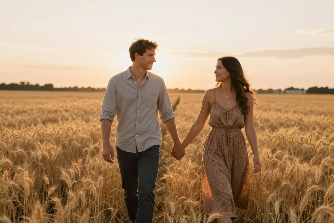 Couple holding hands at golden hour in a field with save the date photo concept