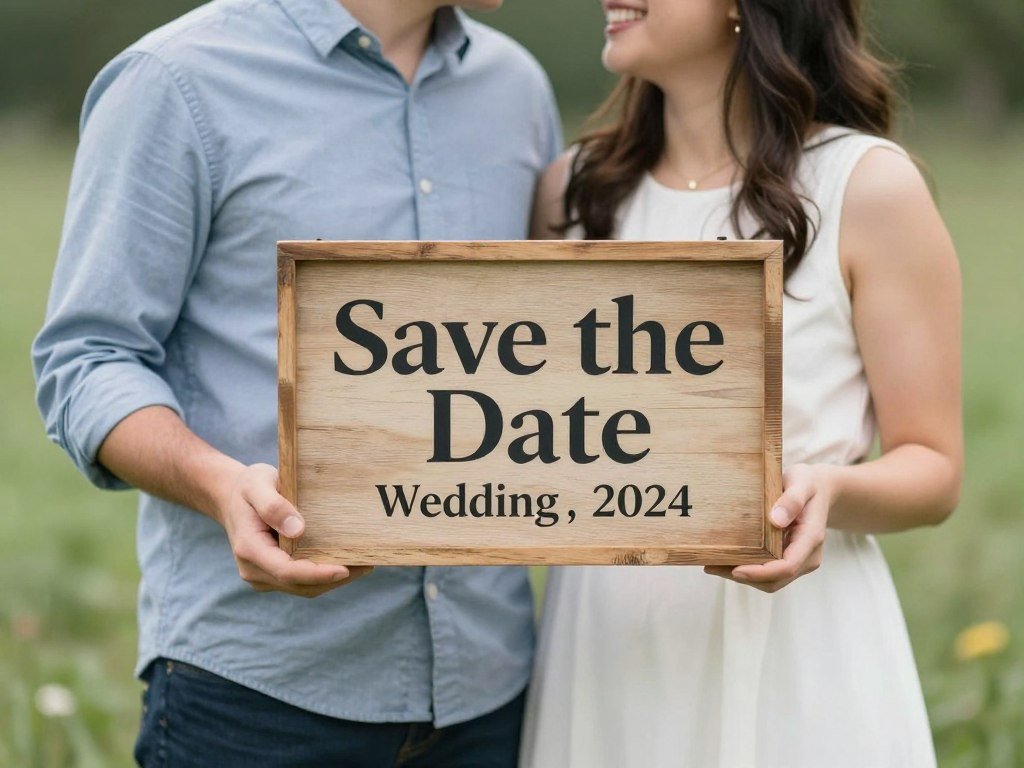 Couple holding save the date chalkboard sign in engagement photo