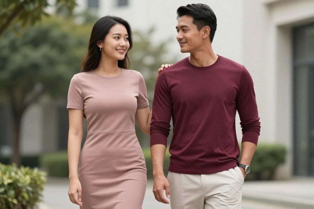 Couple in coordinated dressy casual outfits for save the date photo