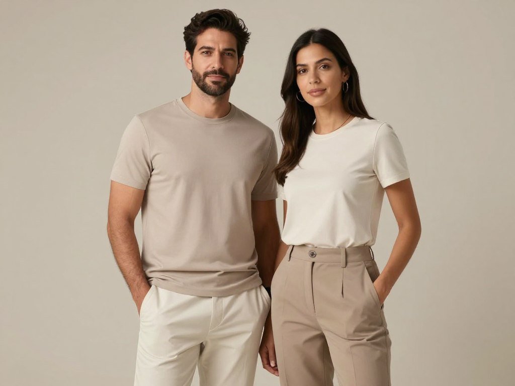 Couple in coordinated outfits for anniversary photo shoot with complementary colors Couple in coordinated outfits for anniversary photo shoot with complementary colors