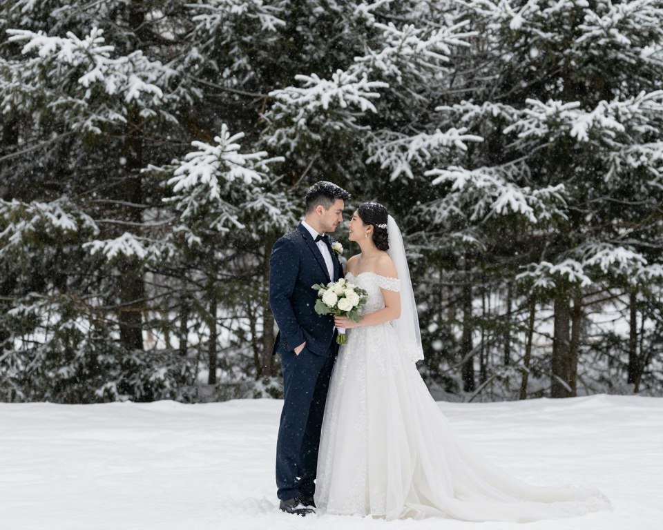 Couple in snow with winter wedding scene