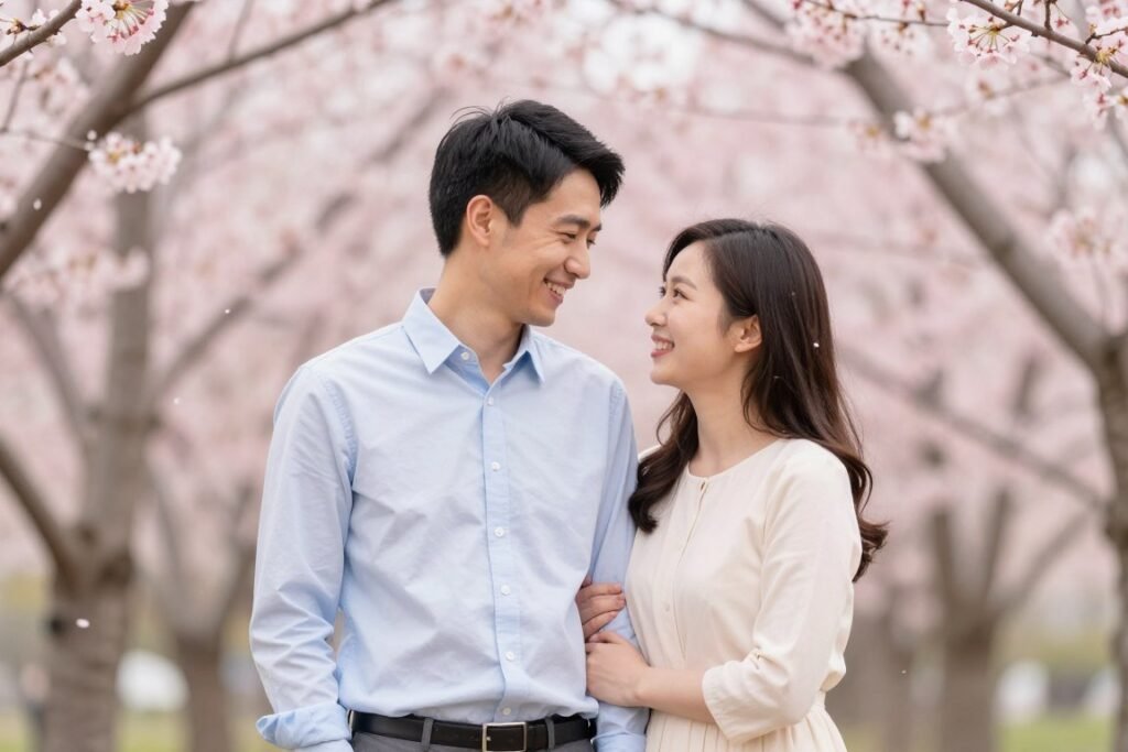 Couple in spring flower garden for save the date photo with cherry blossoms