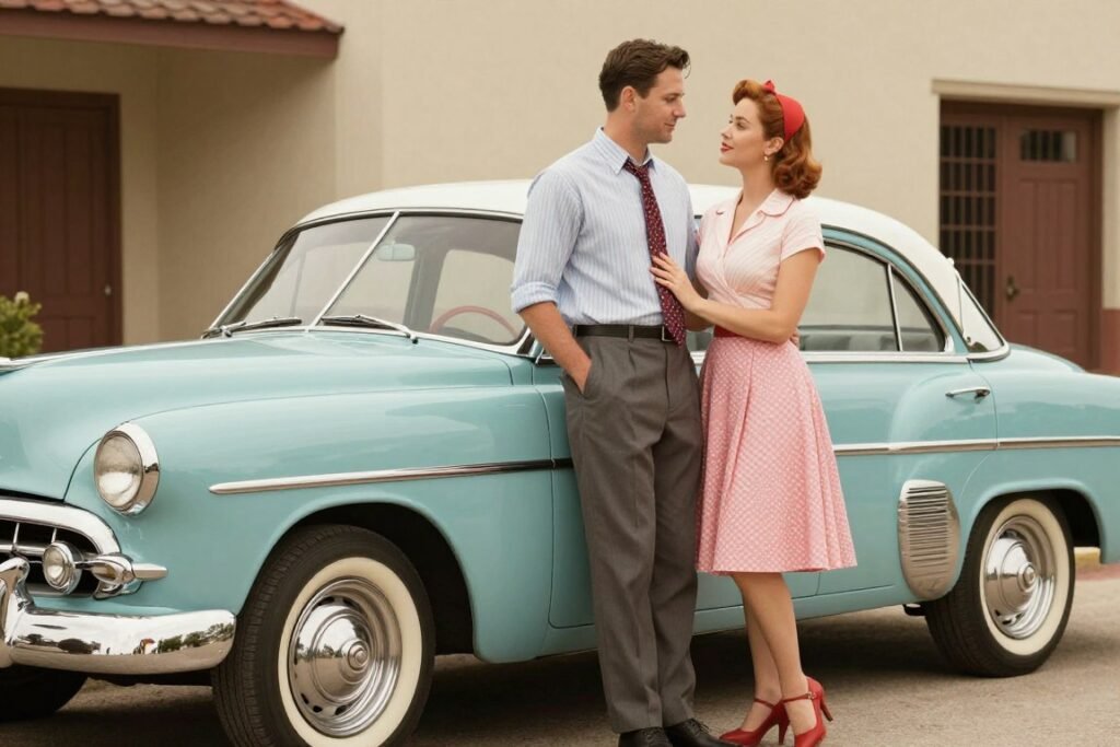 Couple in vintage clothing with classic car for retro save the date photo