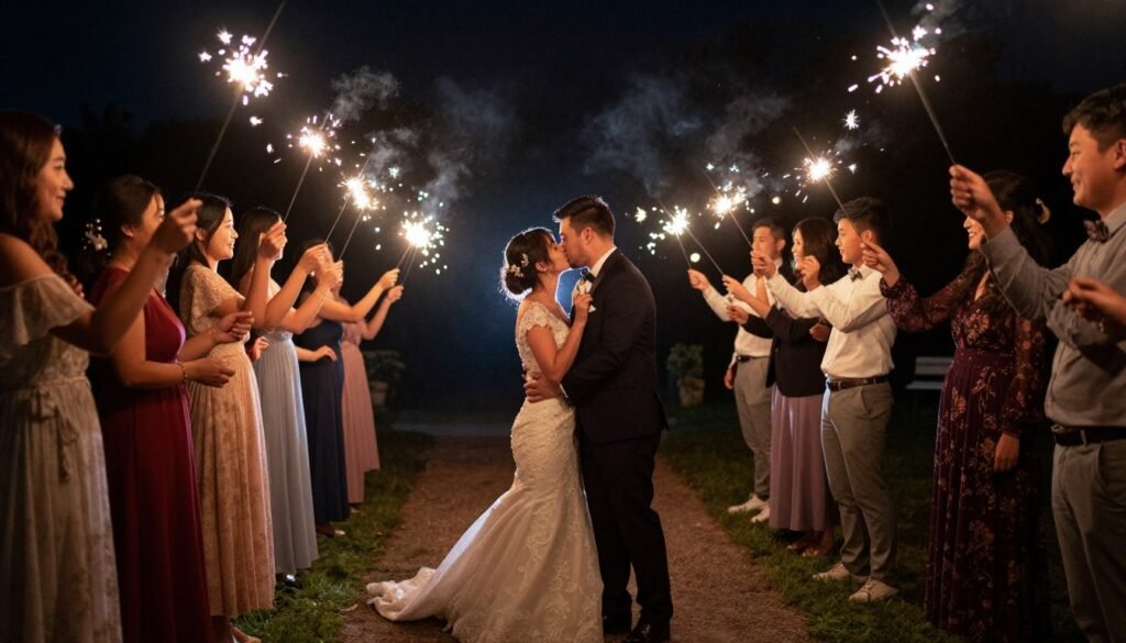 Couple kissing under sparkler tunnel at night