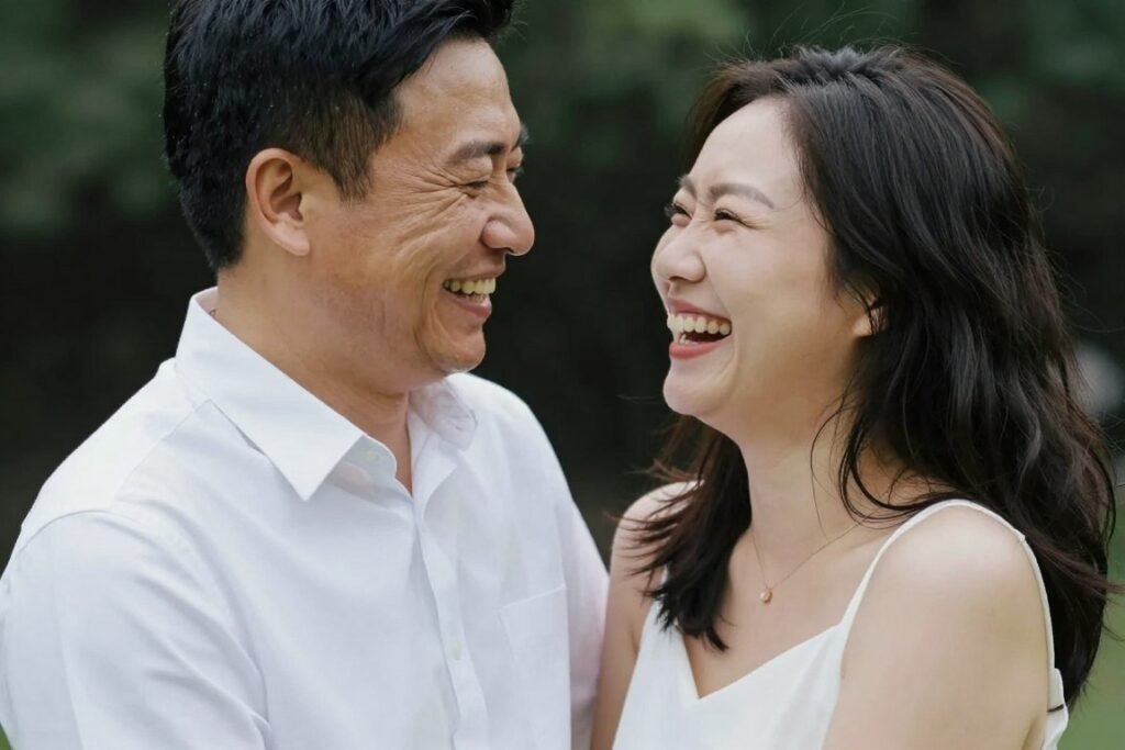 Couple laughing naturally for candid save the date photo moment