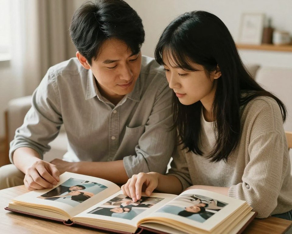 Couple looking at old photos together and reminiscing about memories