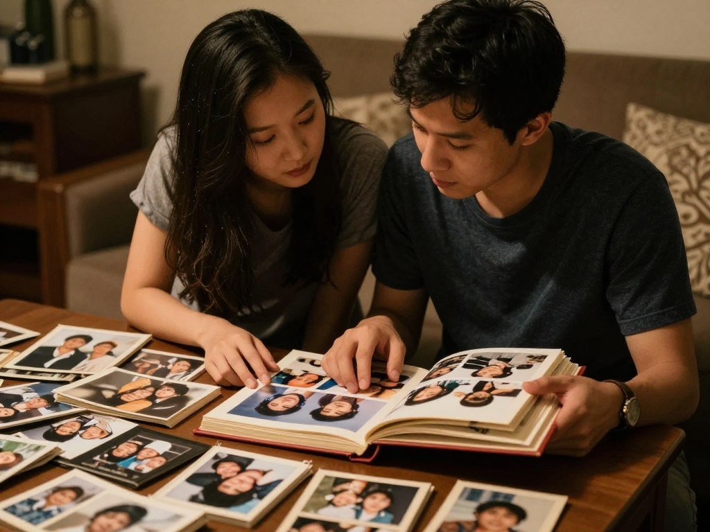 Couple looking at photos and mementos from their relationship history Couple looking at photos and mementos from their relationship history