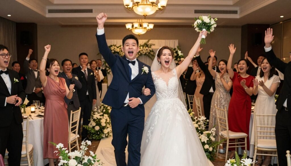Couple making grand entrance into wedding reception with guests cheering