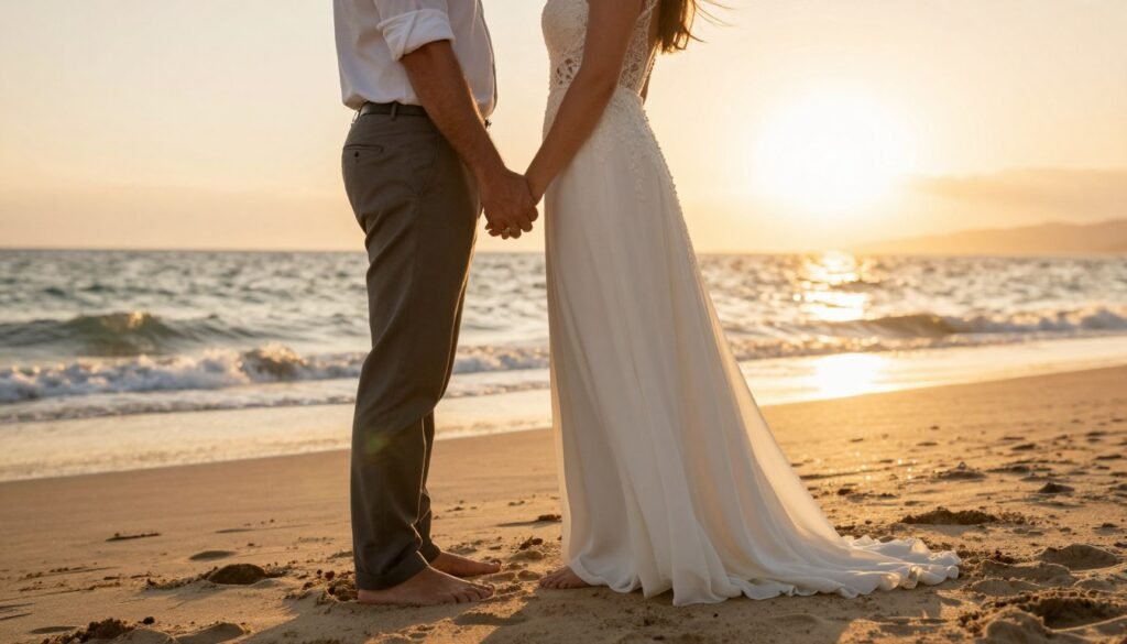 Couple on beach with summer sunset behind them