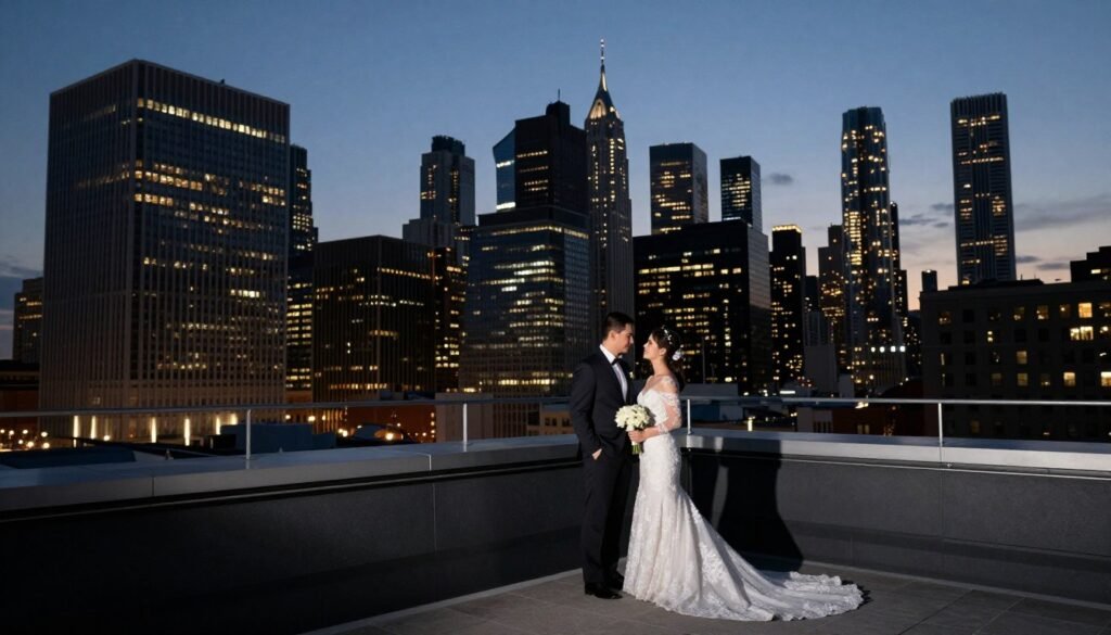 Couple on city rooftop with skyline in background