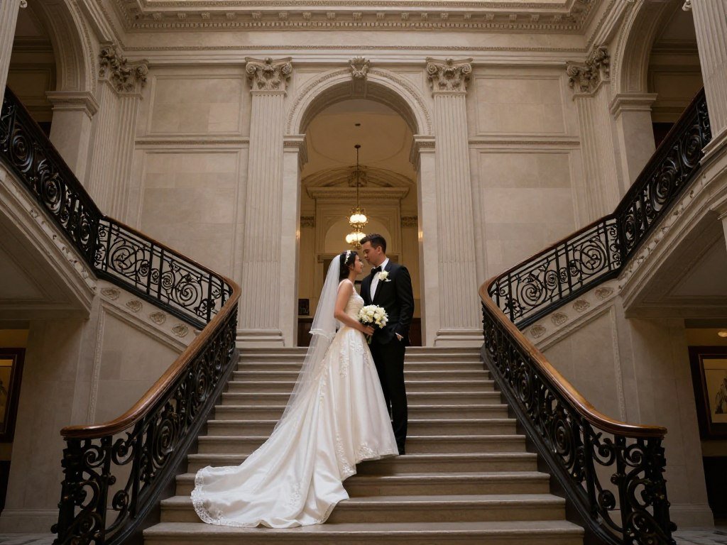 Couple on grand staircase in historic building