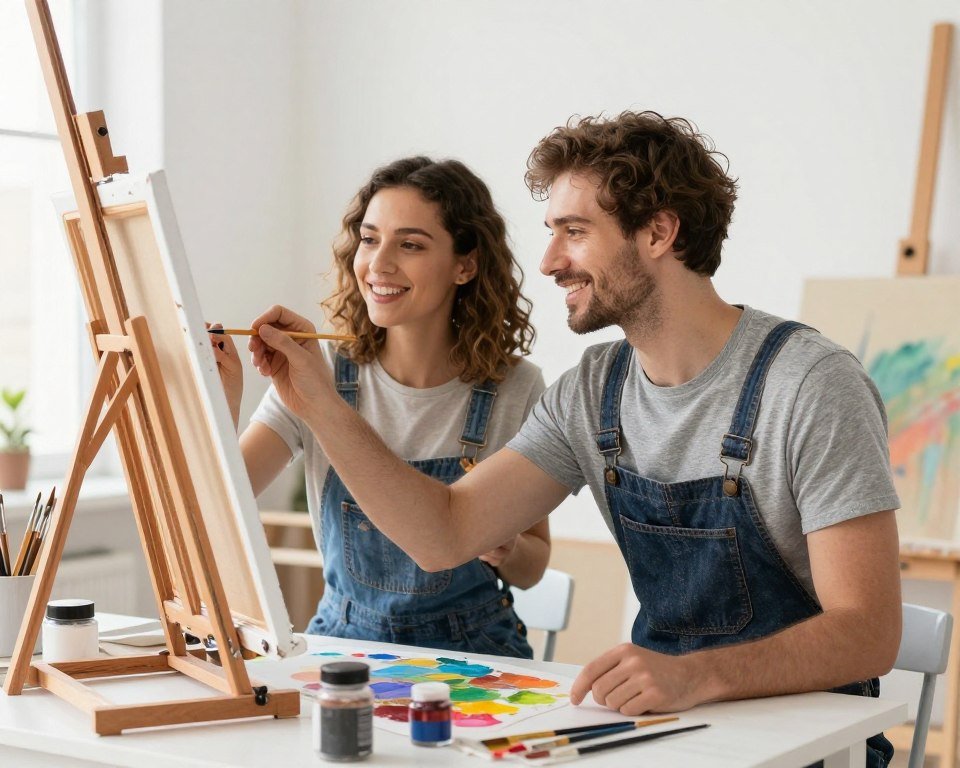 Couple painting together at art studio with canvases and supplies