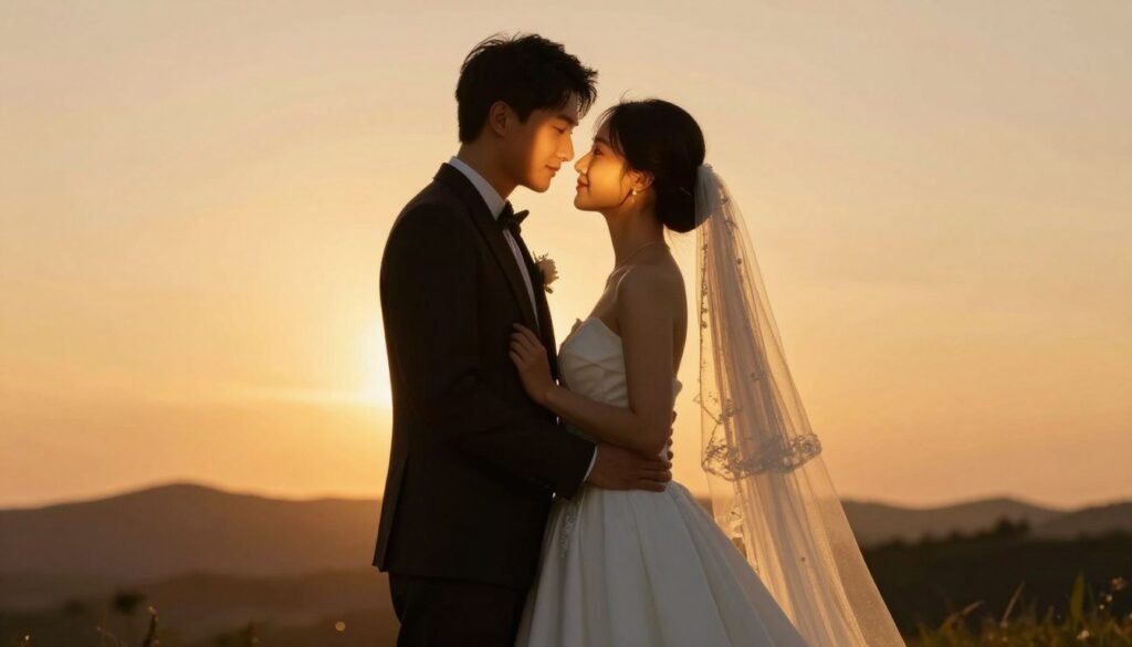 Couple photographed during golden hour with warm sunset light