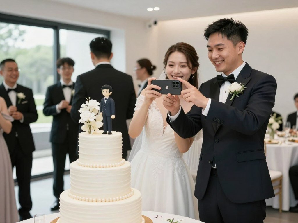 Couple photographing grooms cake for social media