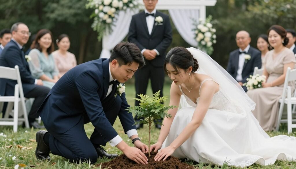 Couple planting memorial tree during ceremony Couple planting memorial tree during ceremony